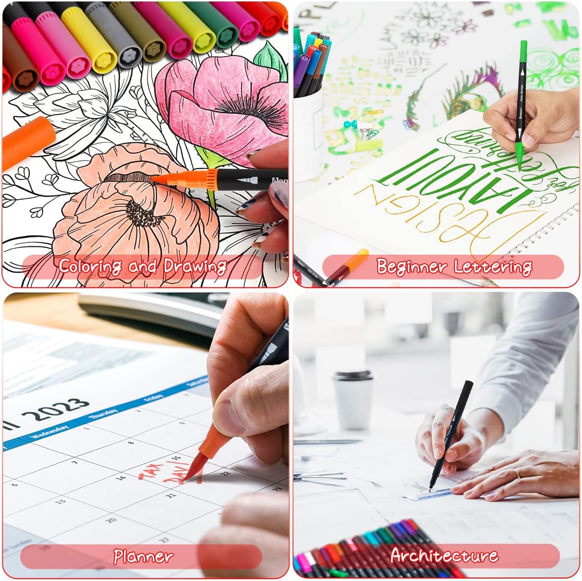 36 Dual Brush Markers for Adult Coloring Books, Double Tip Pens Art Set - Image 5