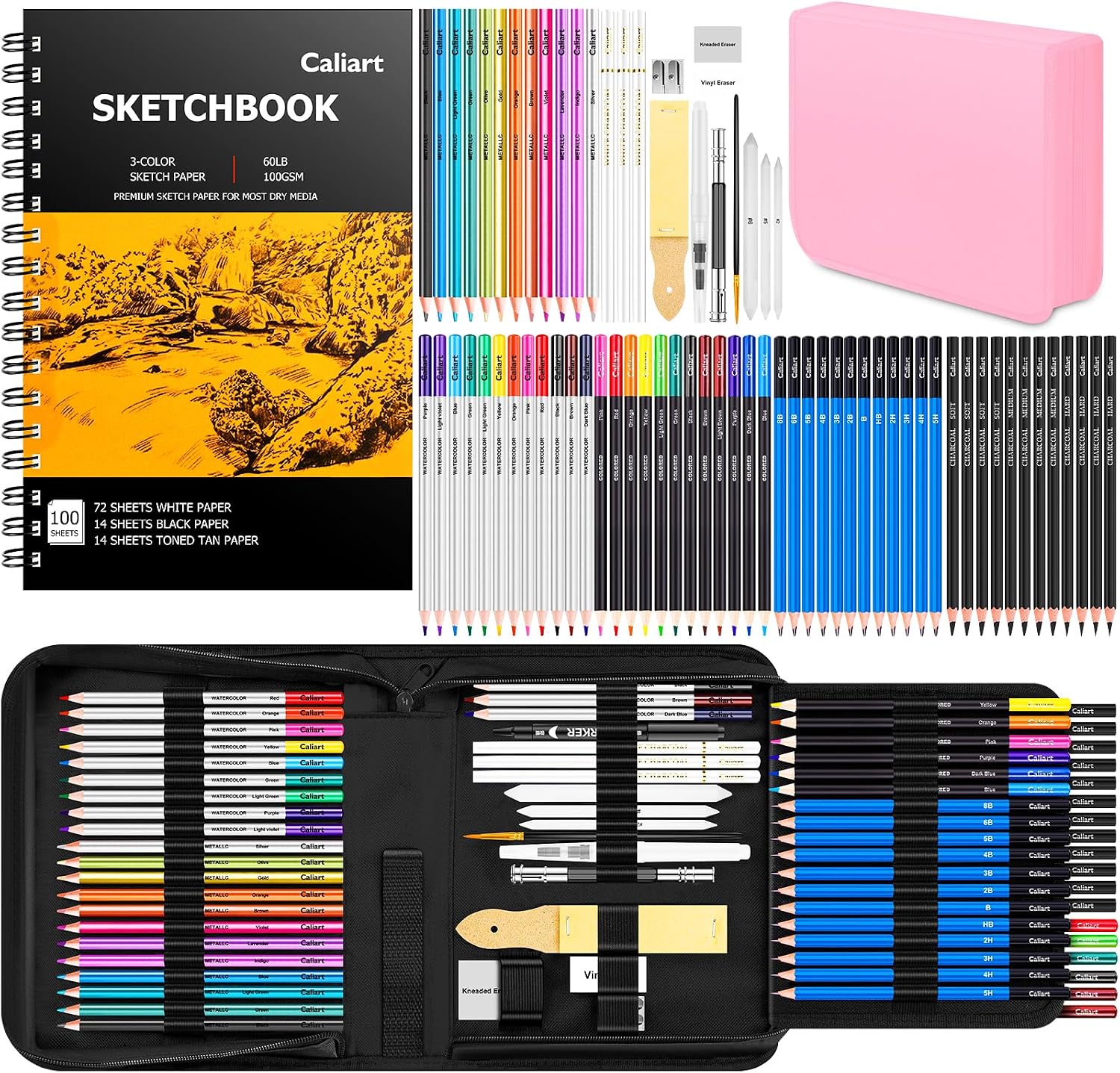 Caliart 176PCS Art Supplies Sketching Kit, 100 Sheets 3-Color Sketch Book - Image 8