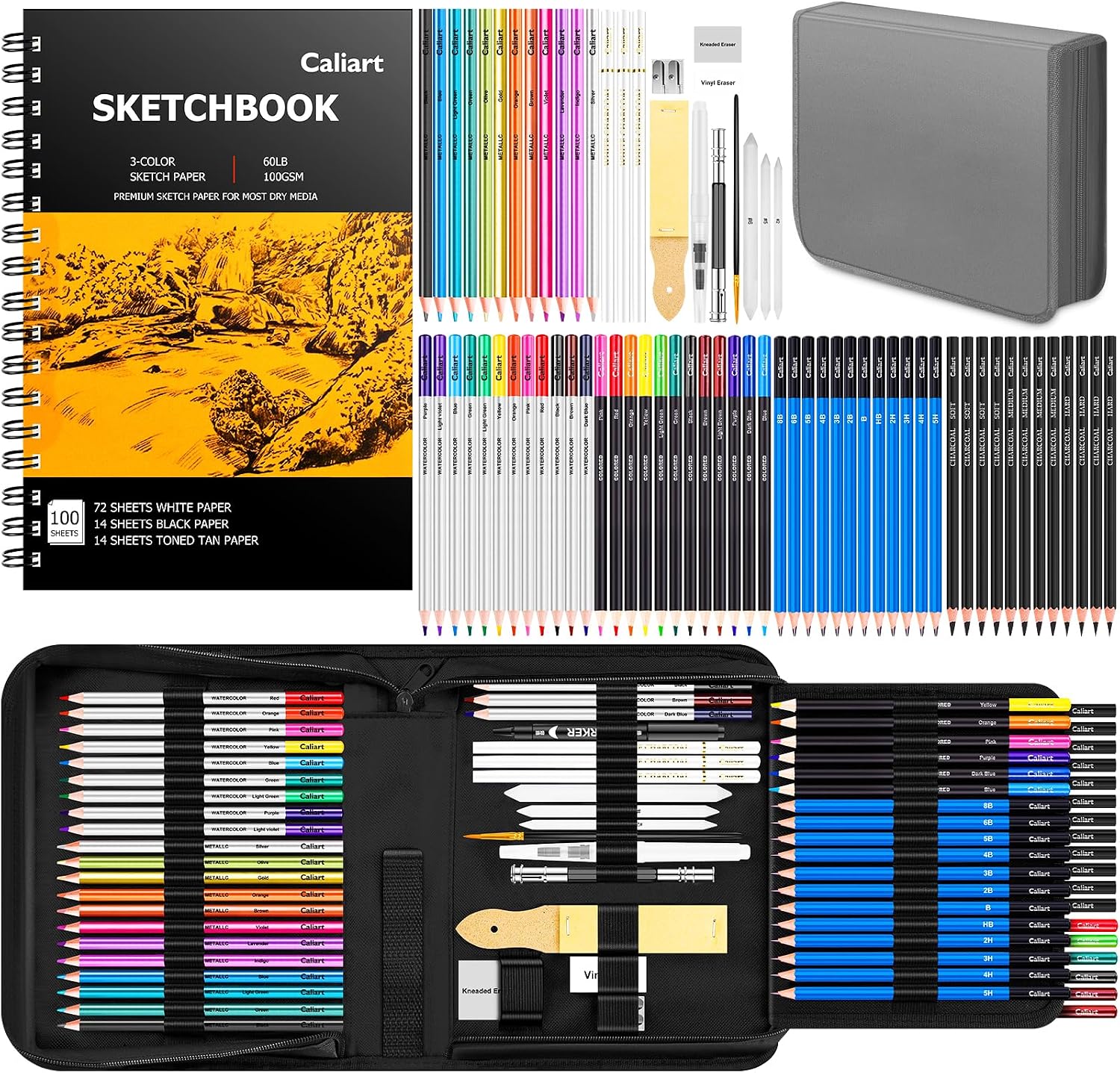Caliart 176PCS Art Supplies Sketching Kit, 100 Sheets 3-Color Sketch Book - Image 11