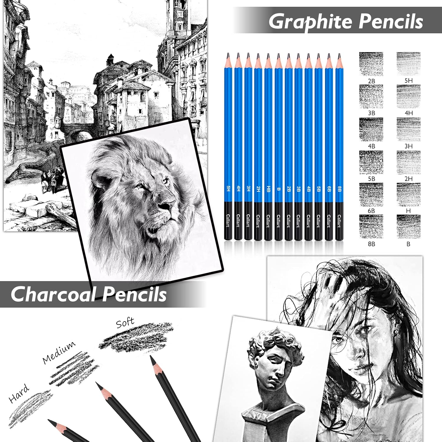 Caliart 176PCS Art Supplies Sketching Kit, 100 Sheets 3-Color Sketch Book - Image 5