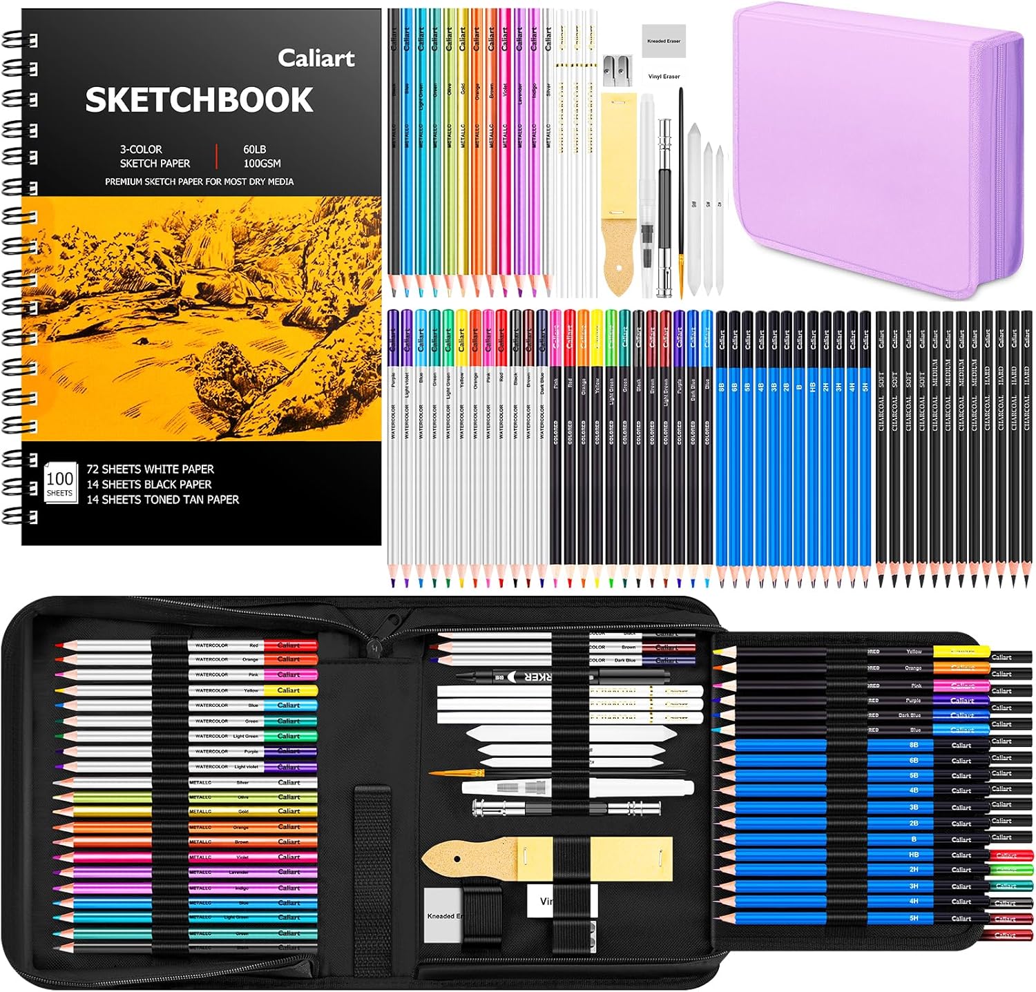 Caliart 176PCS Art Supplies Sketching Kit, 100 Sheets 3-Color Sketch Book - Image 9