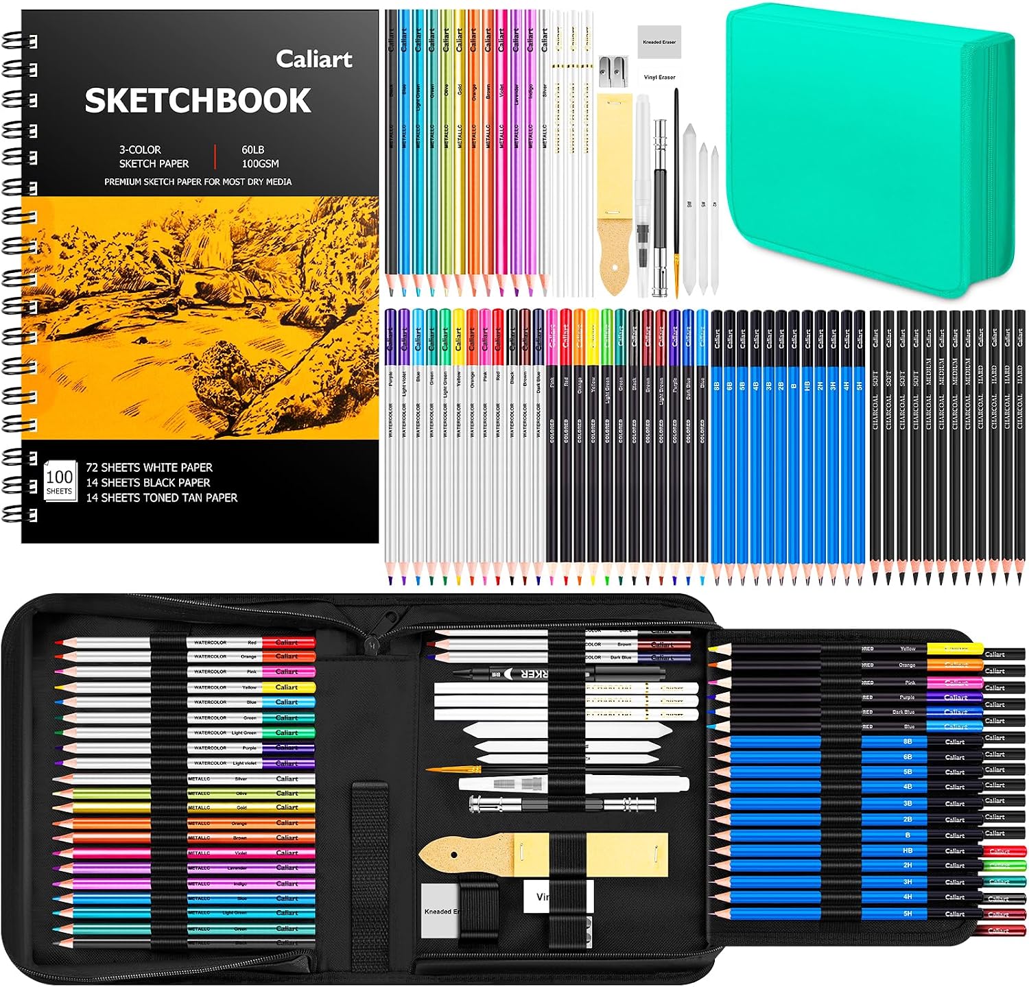 Caliart 176PCS Art Supplies Sketching Kit, 100 Sheets 3-Color Sketch Book - Image 10